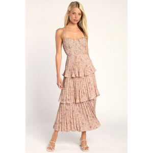 Lulus Cascading Crush Pink Floral Print Tiered Bustier Midi Dress - Size S
